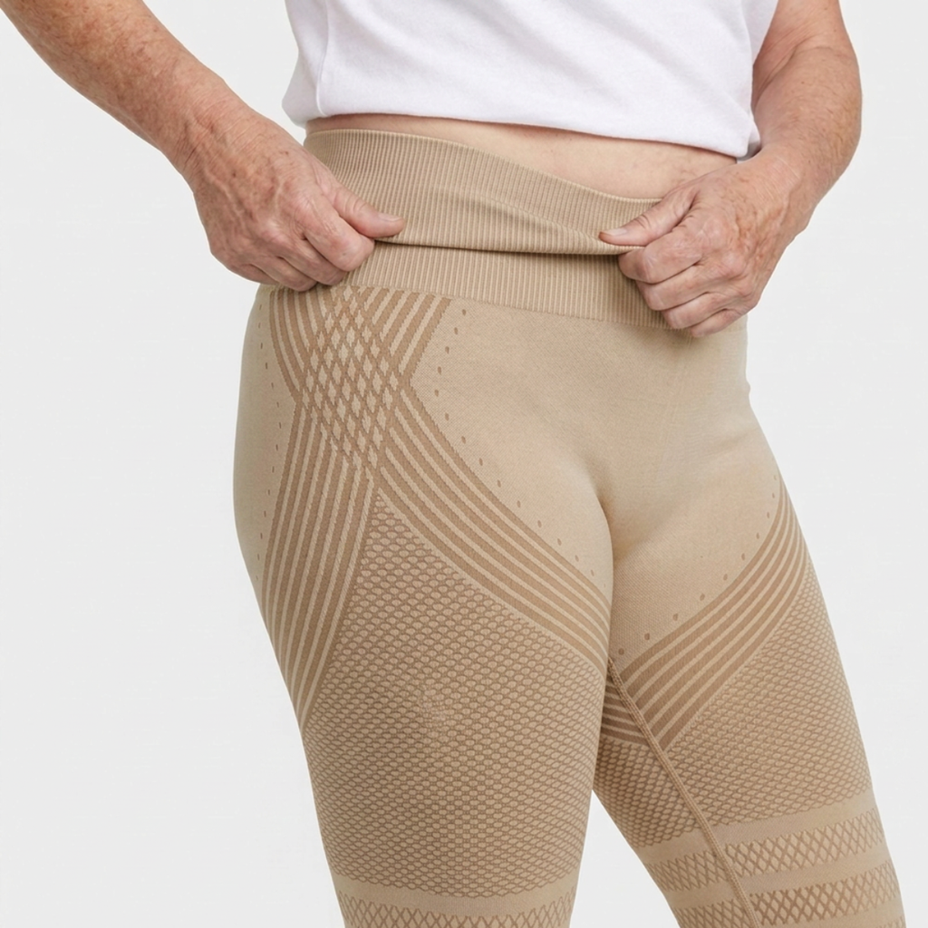 Legging Serena de cintura alta con tejido 3D en color caqui, detalle del tejido 3D y la cintura alta