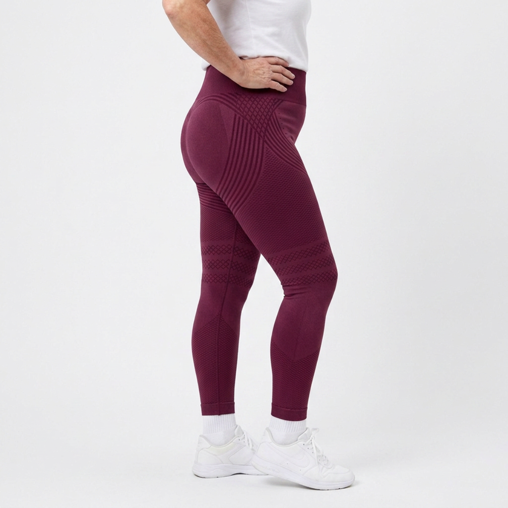 Legging Serena de cintura alta con tejido 3D en color burdeos, vista lateral