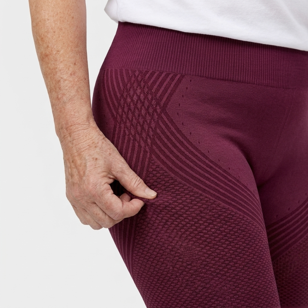 Legging Serena de cintura alta con tejido 3D en color burdeos, detalle del tejido 3D y la cintura alta