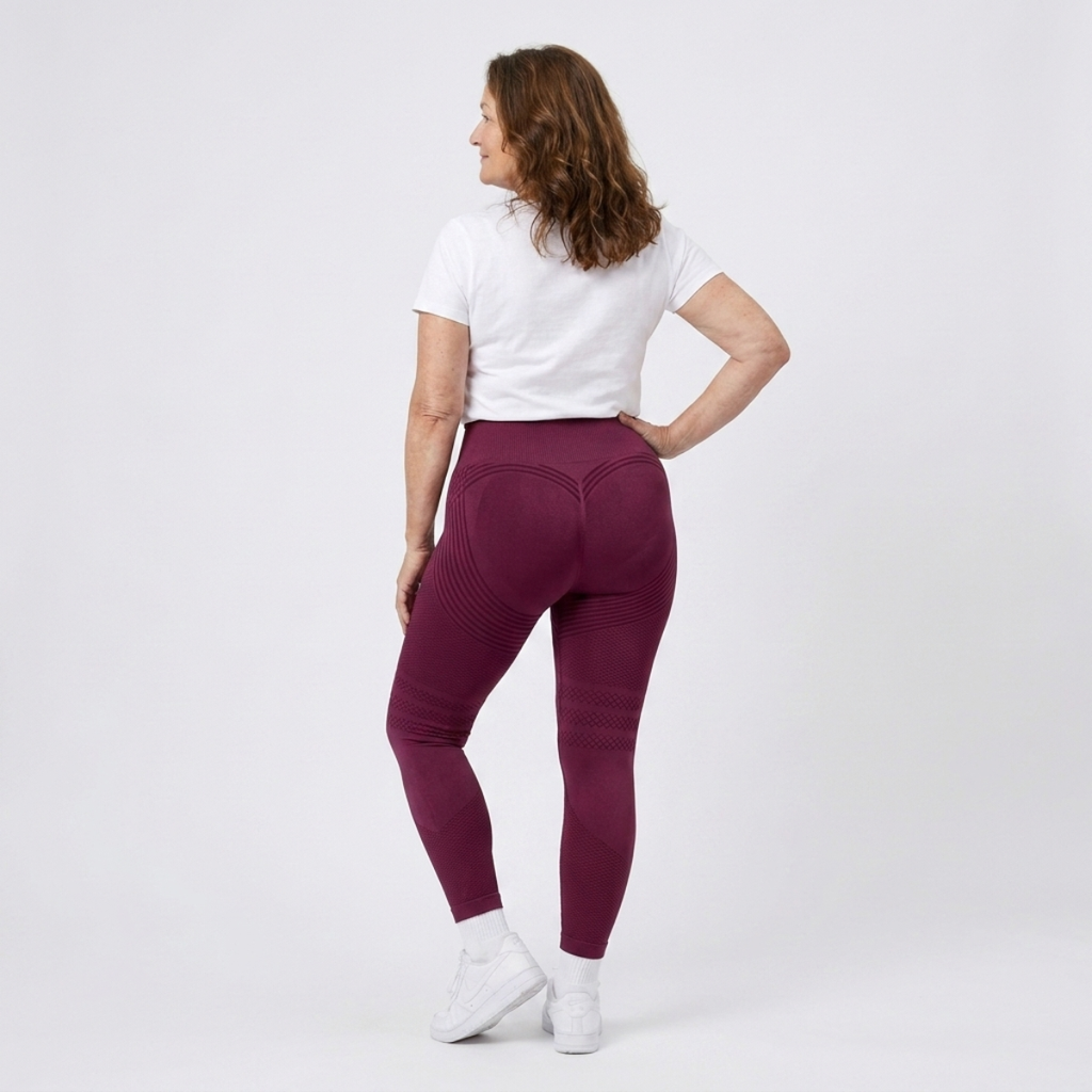 Legging Serena de cintura alta con tejido 3D en color burdeos, vista trasera