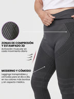 Legging Serena en gris con sus características: cintura alta que sujeta, tejido 3D que alisa y compresión suave