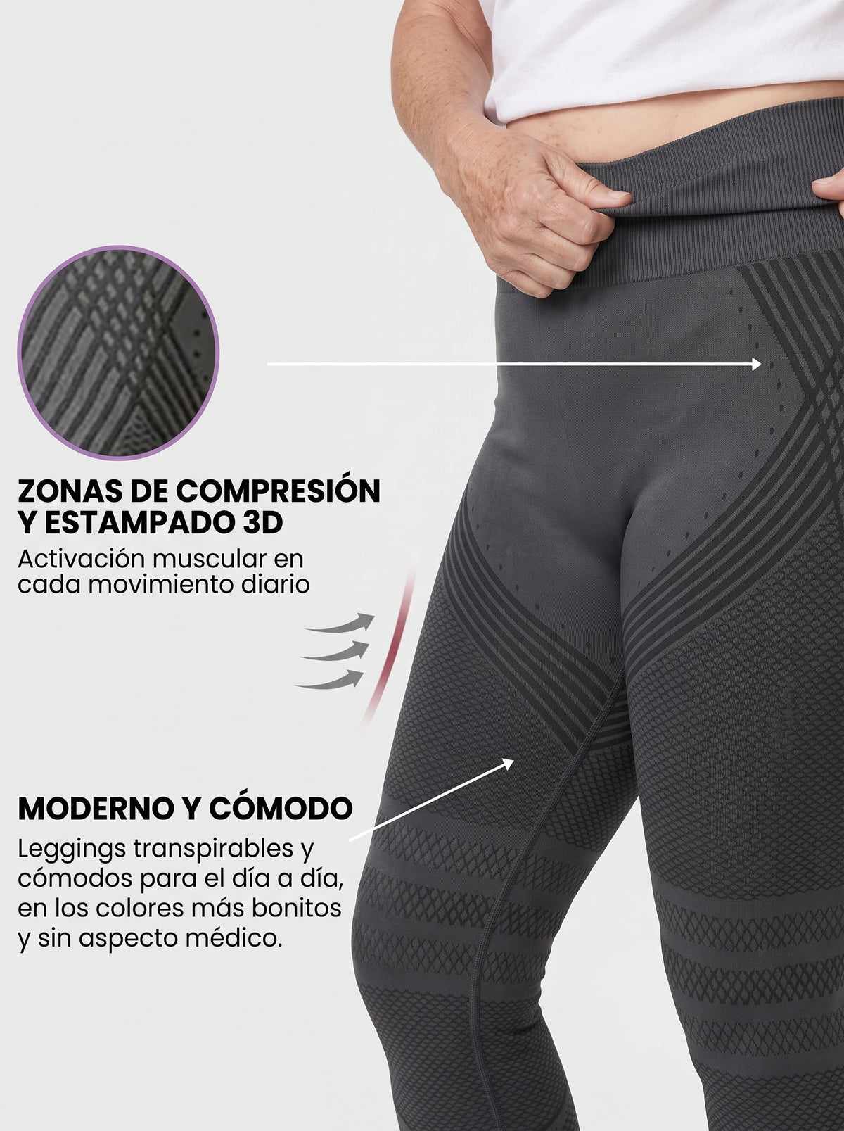 Legging Serena en gris con sus características: cintura alta que sujeta, tejido 3D que alisa y compresión suave