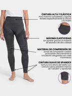 Legging Serena en gris con detalle de sus zonas: cintura alta, relieve 3D en muslos y glúteos y compresión suave